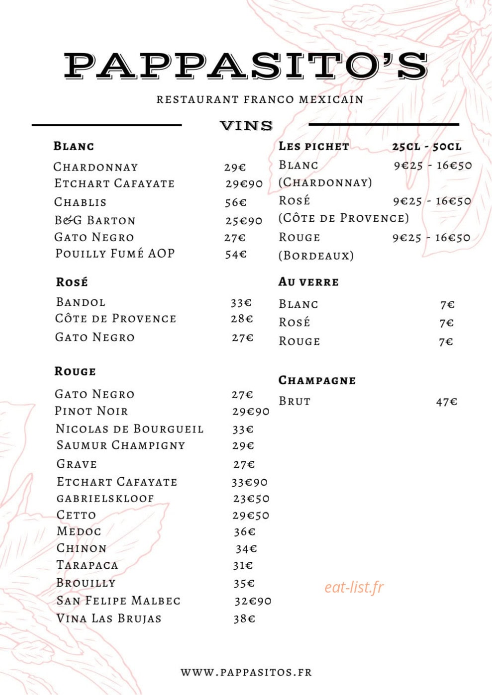 Carte et menu de Pappasito's à Paris 8 — Vins