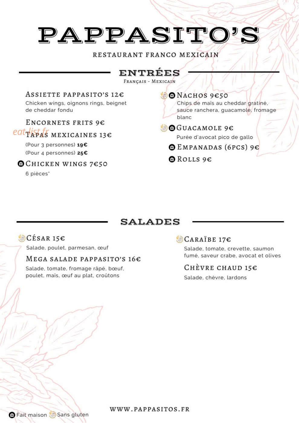 Carte et menu de Pappasito's à Paris 8 — Entrées