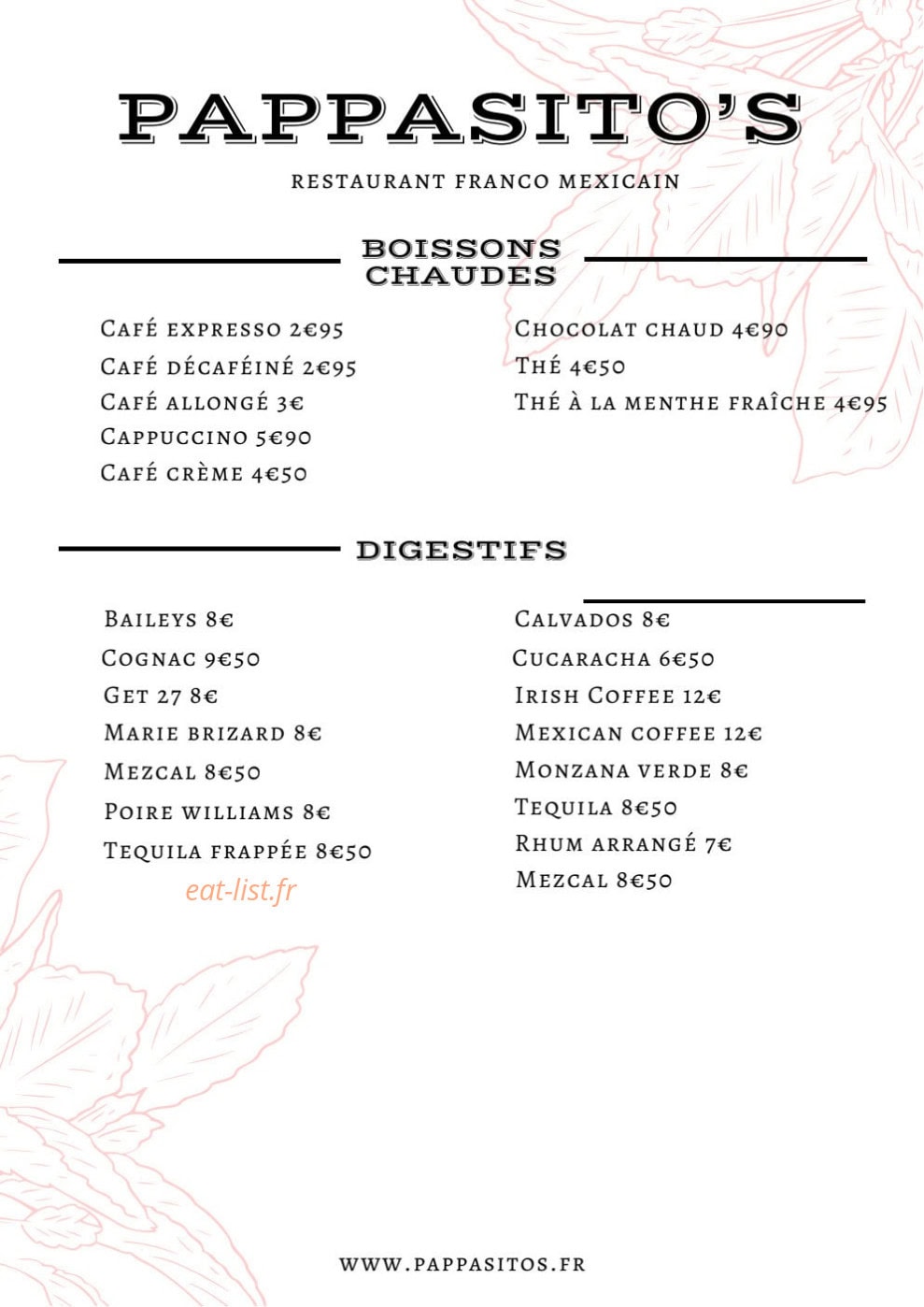 Carte et menu de Pappasito's à Paris 8 — Boissons chaudes