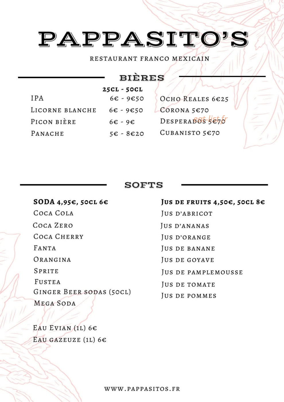 Carte et menu de Pappasito's à Paris 8 — Bières