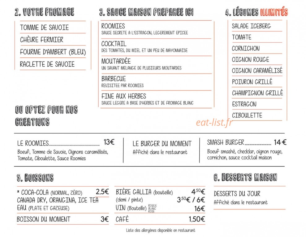 Roomies Burger — carte page 2