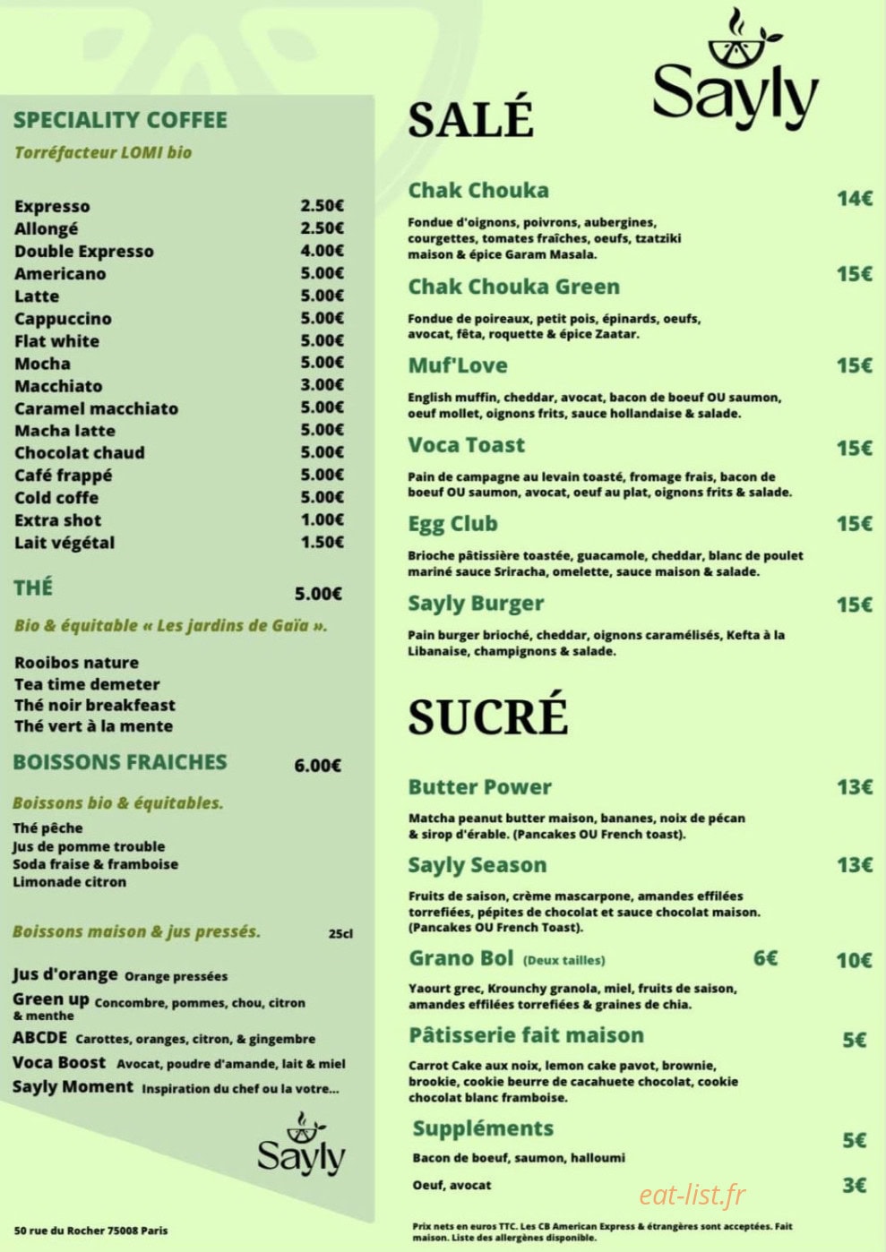 Sayly Brunch — carte page 1