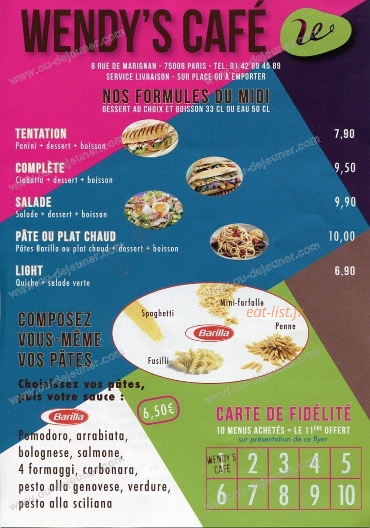 Wendy's café — carte page 1