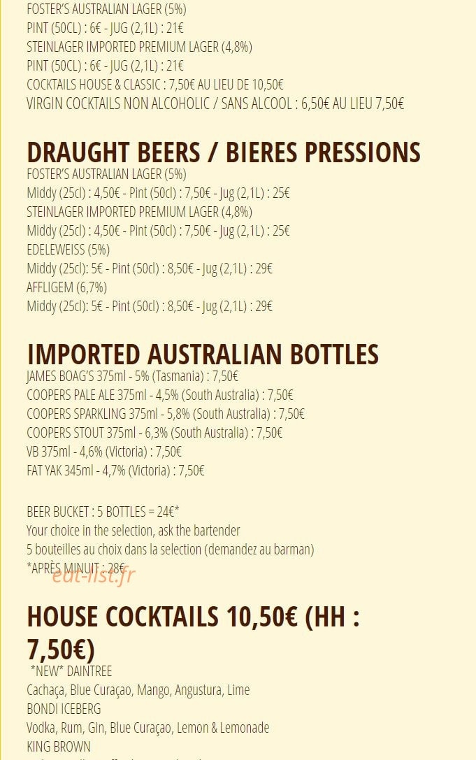 Café Oz Australian Bar — carte page 2