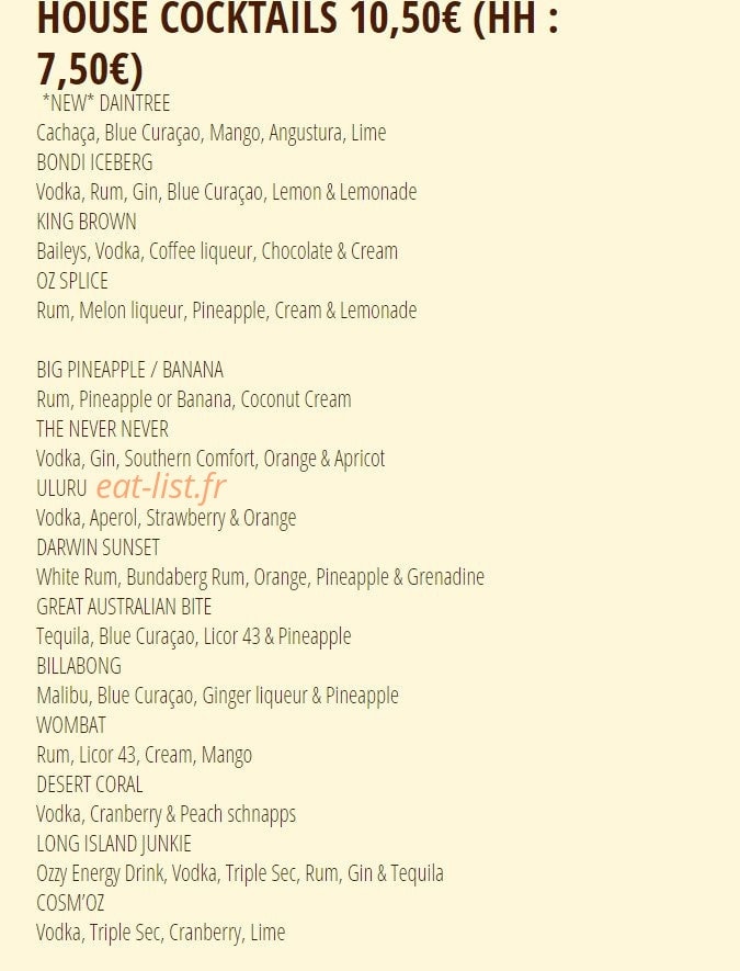 Café Oz Australian Bar — carte page 3