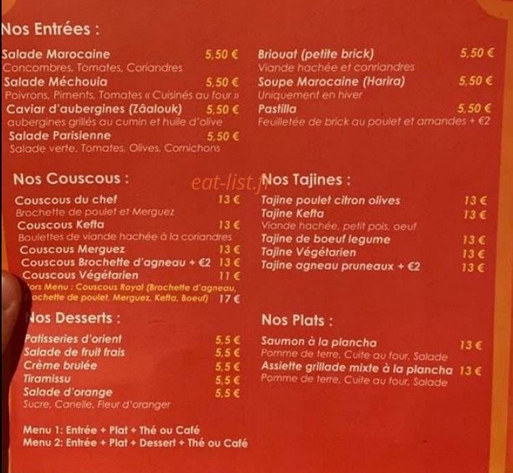 La Cantine Marocaine — carte page 1