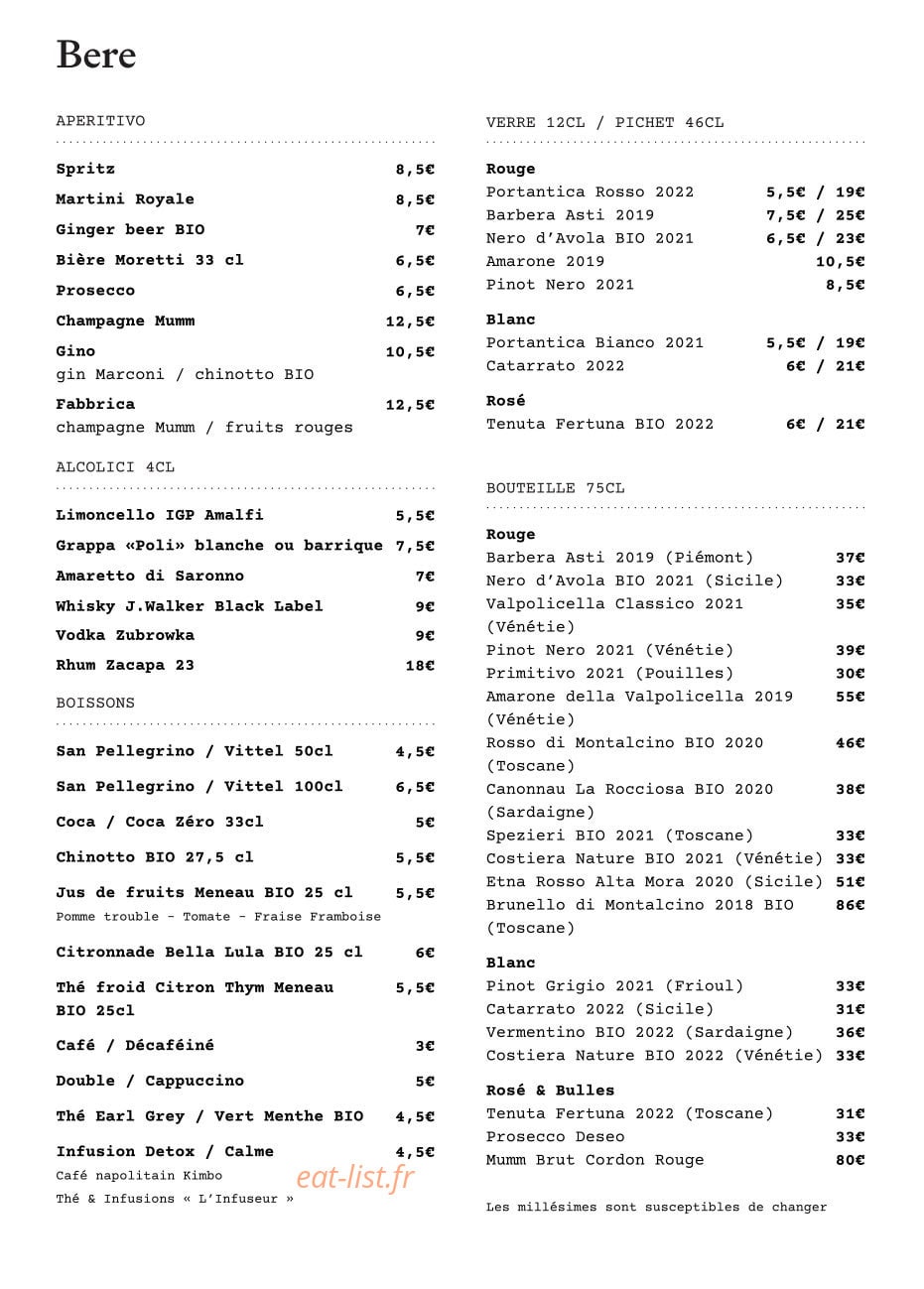 Carte et menu de La Fabbrica Saint Georges à Paris 9 — Bere