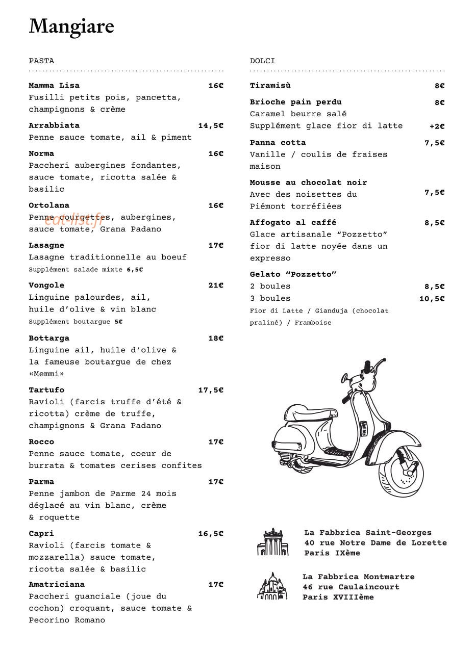 Carte et menu de La Fabbrica Saint Georges à Paris 9 — Mangiare suite