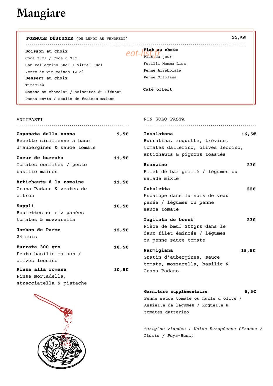 Carte et menu de La Fabbrica Saint Georges à Paris 9 — Mangiare