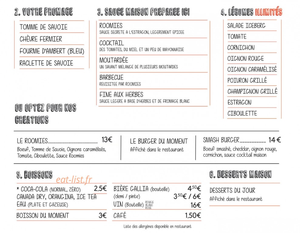 Roomies Burger — carte page 2