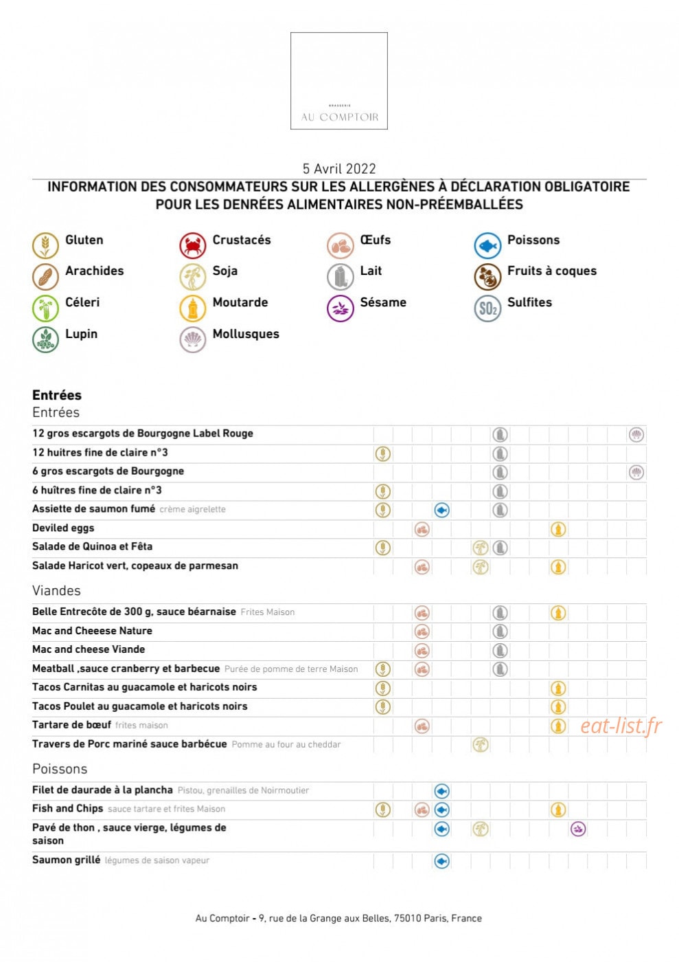 Au Comptoir — carte page 1