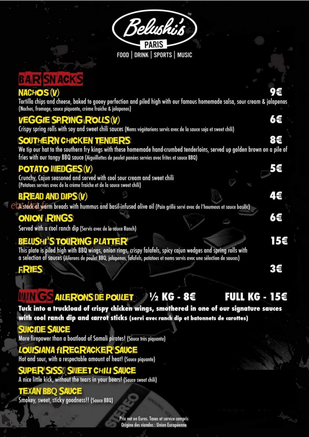 Belushi's — carte page 1