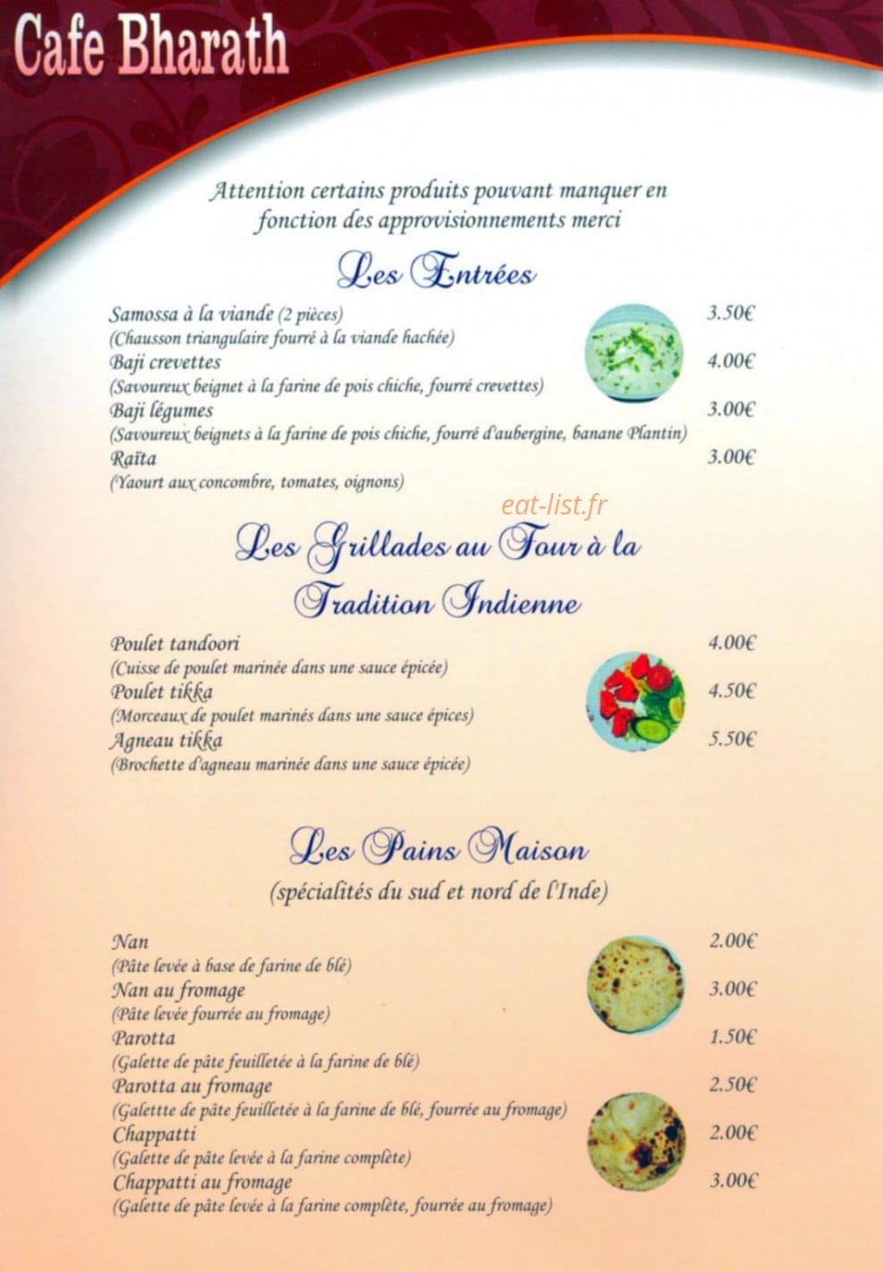 Cafe bharath — carte page 1
