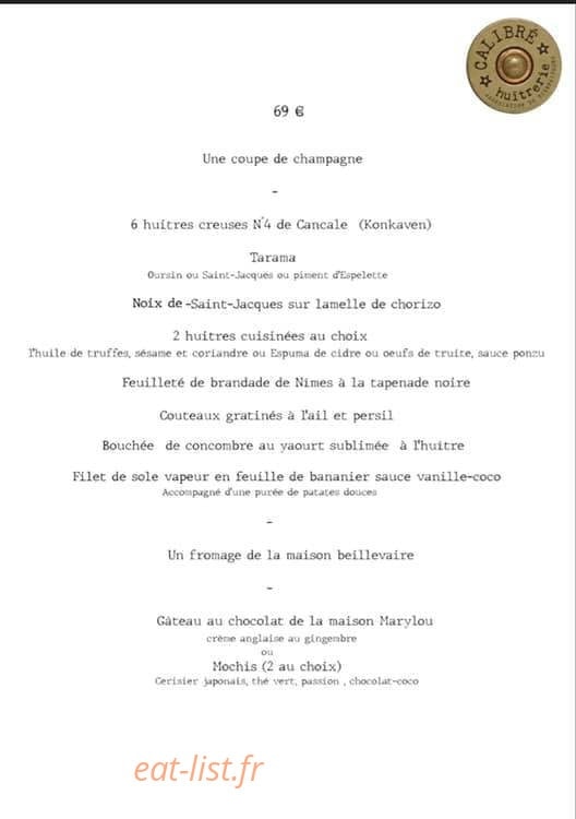 Carte et menu de Calibré huitrerie à Paris 10 — Un exemple de menu