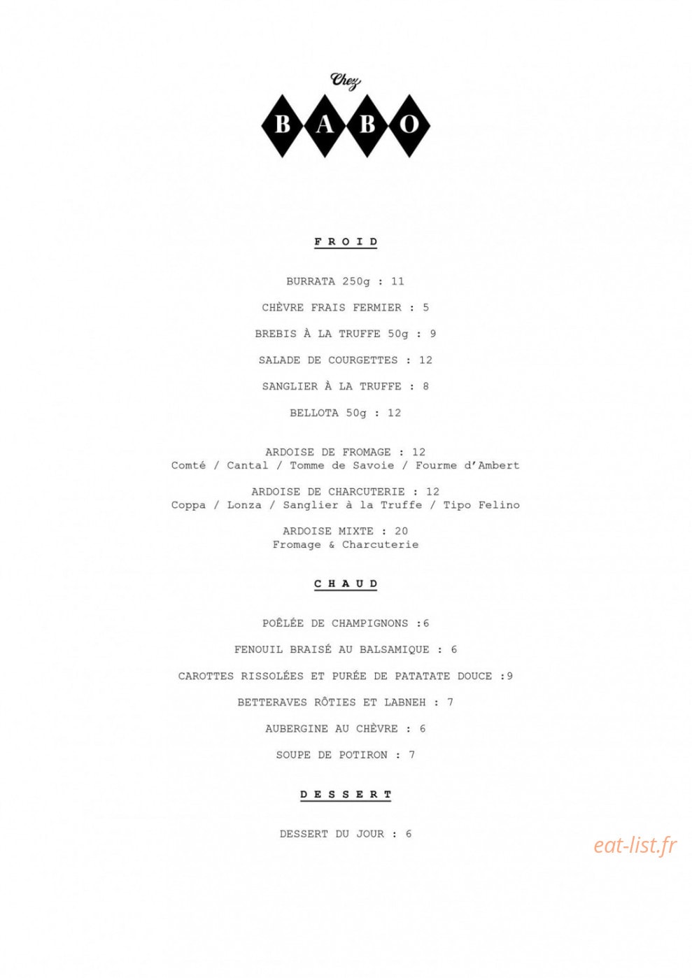Chez Babo — carte page 1