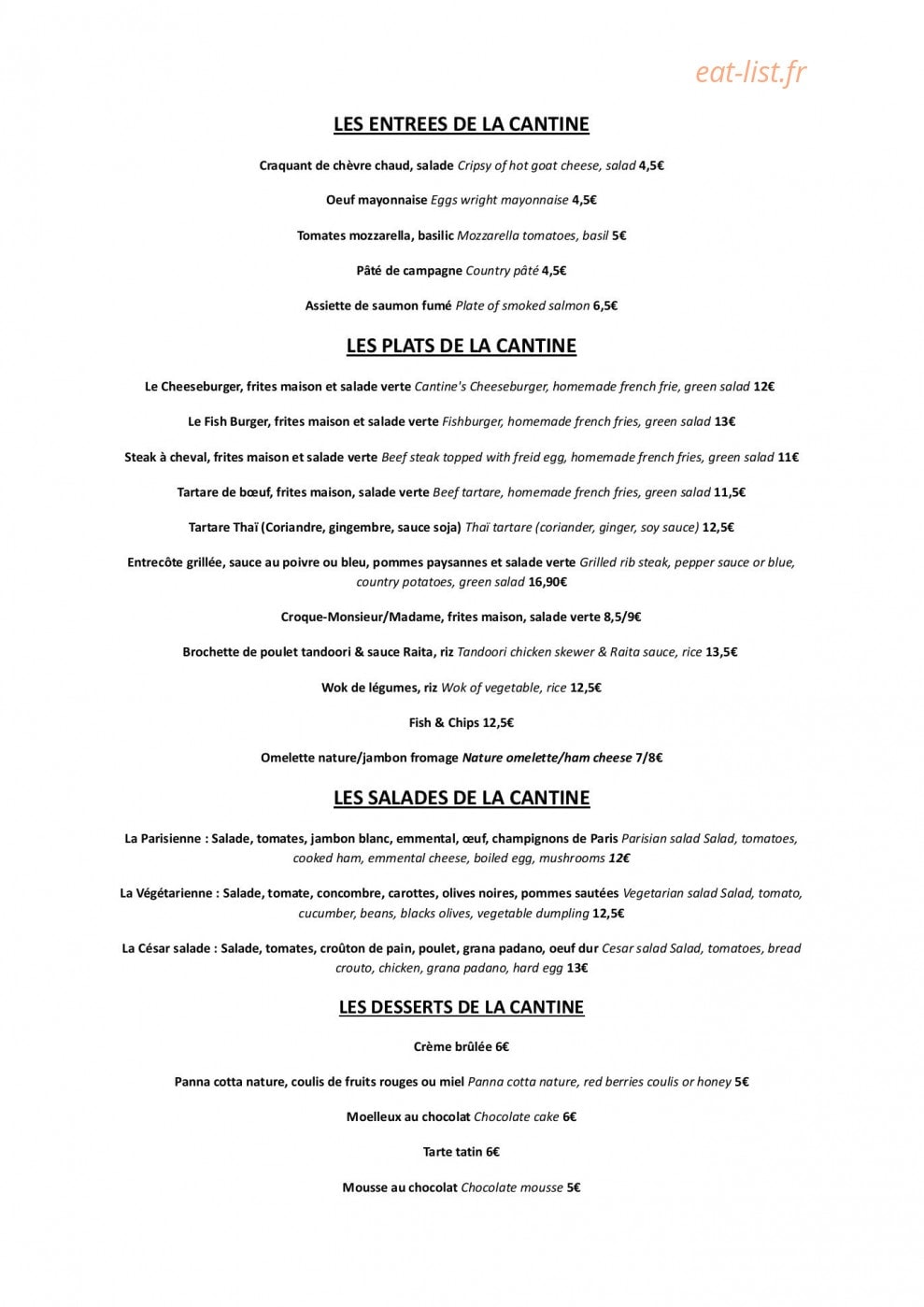 La Cantine Fabien — carte page 1