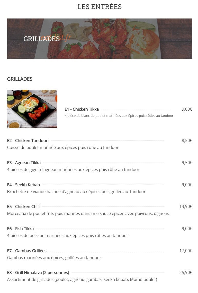 La Cuisine de l'Himalaya — carte page 1