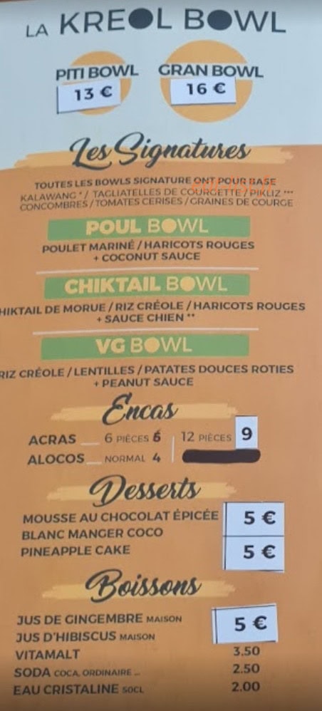 La Kreol Bowl — carte page 1