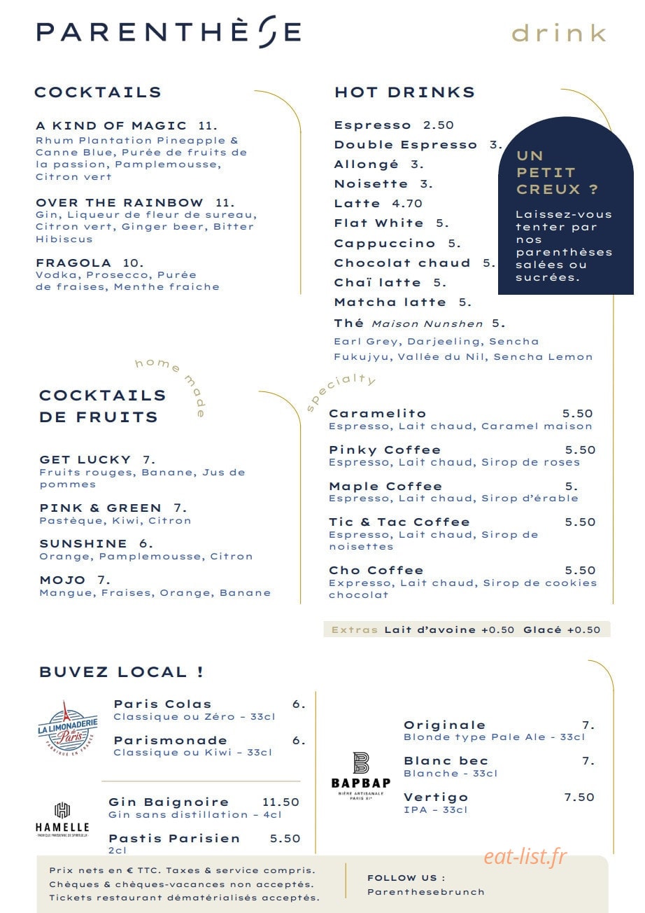 Parenthèse eat & drink — carte page 2