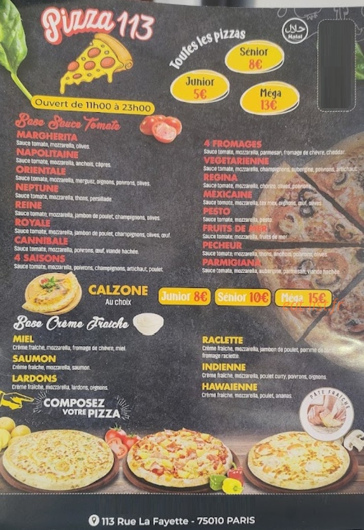 Pizza 113 — carte page 1