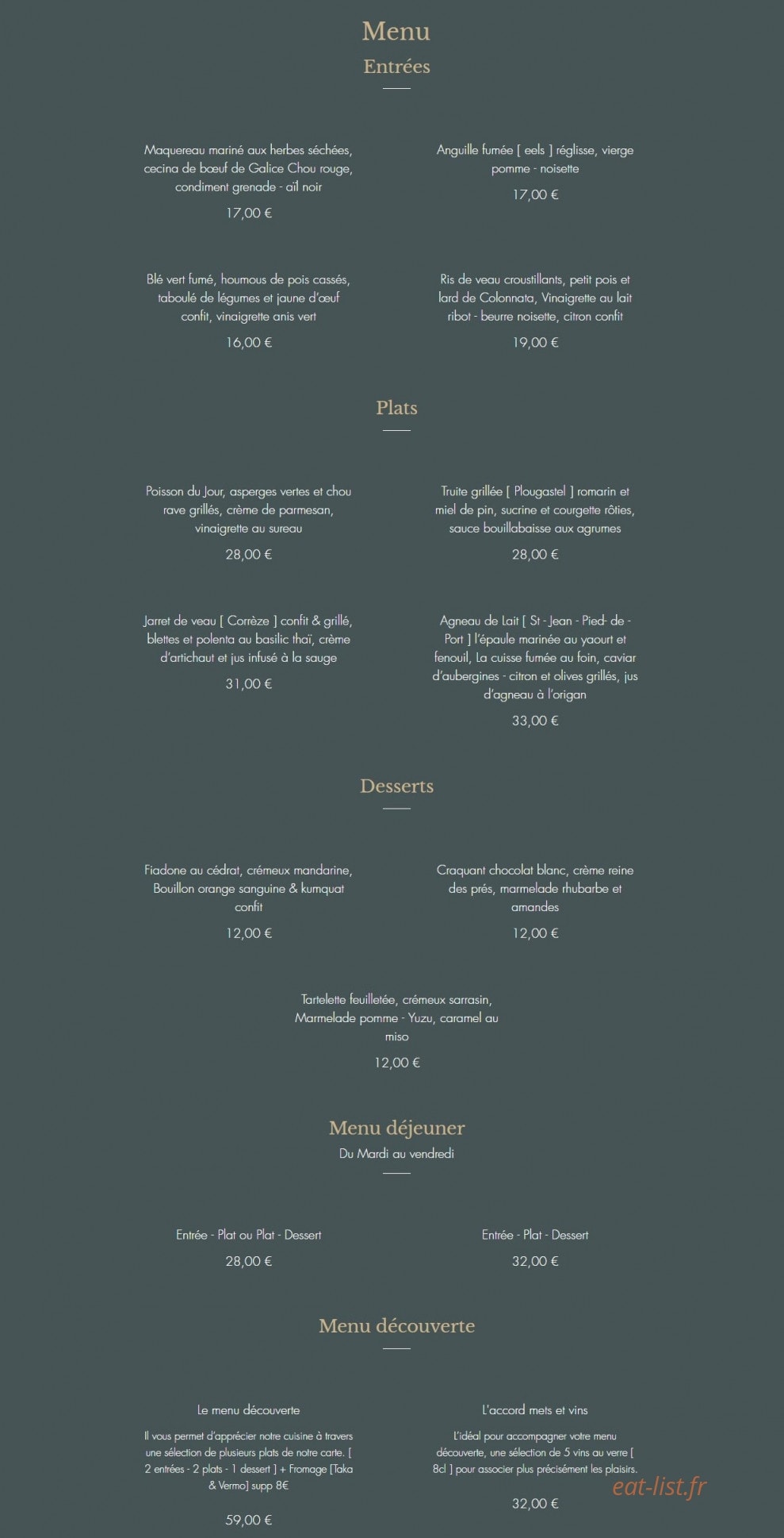 Restaurant Eels — carte page 1