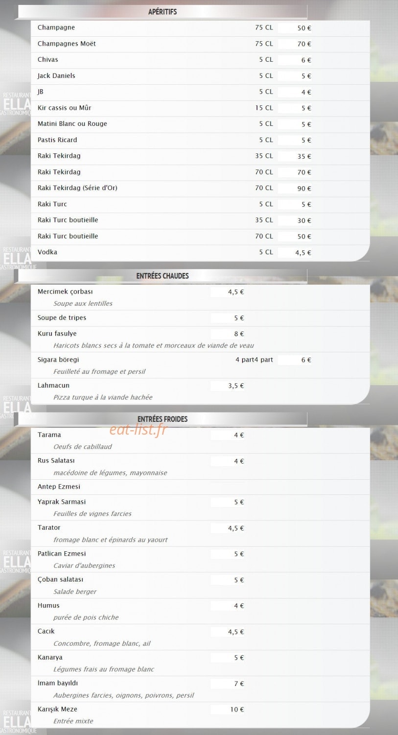 Restaurant Ella — carte page 1