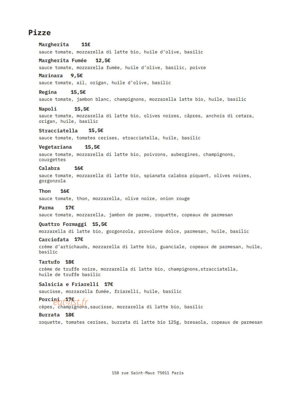 A Smorfia Pizzeria — carte page 3