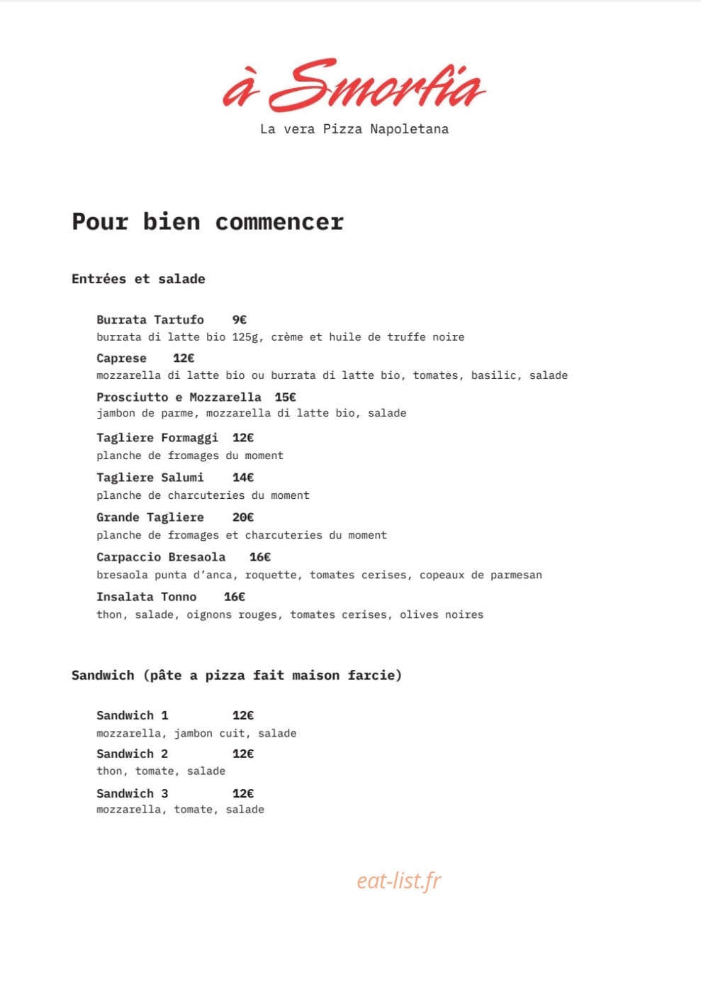 A Smorfia Pizzeria — carte page 2