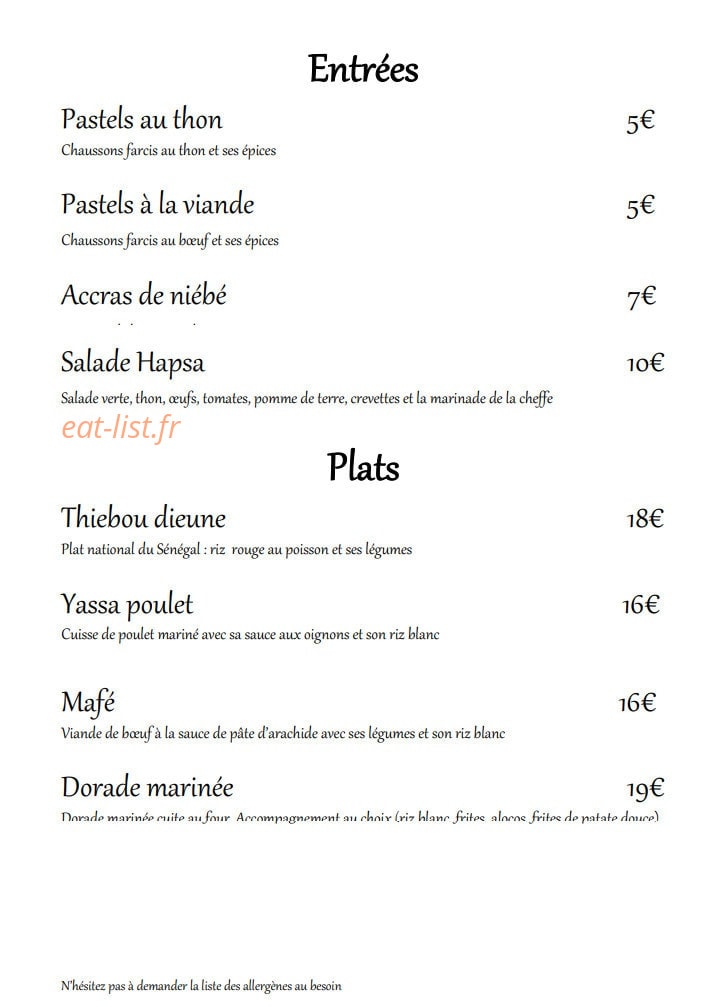 Baly Restaurant — carte page 1