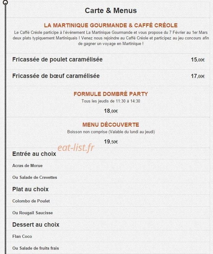Caffe Creole — carte page 1