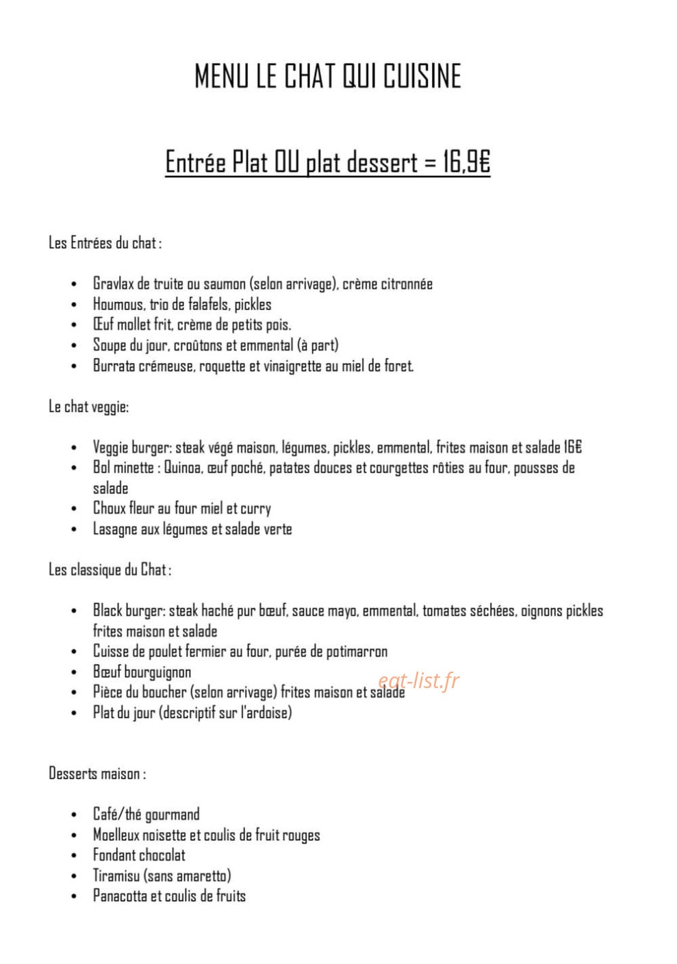 Le Chat qui Cuisine — carte page 1