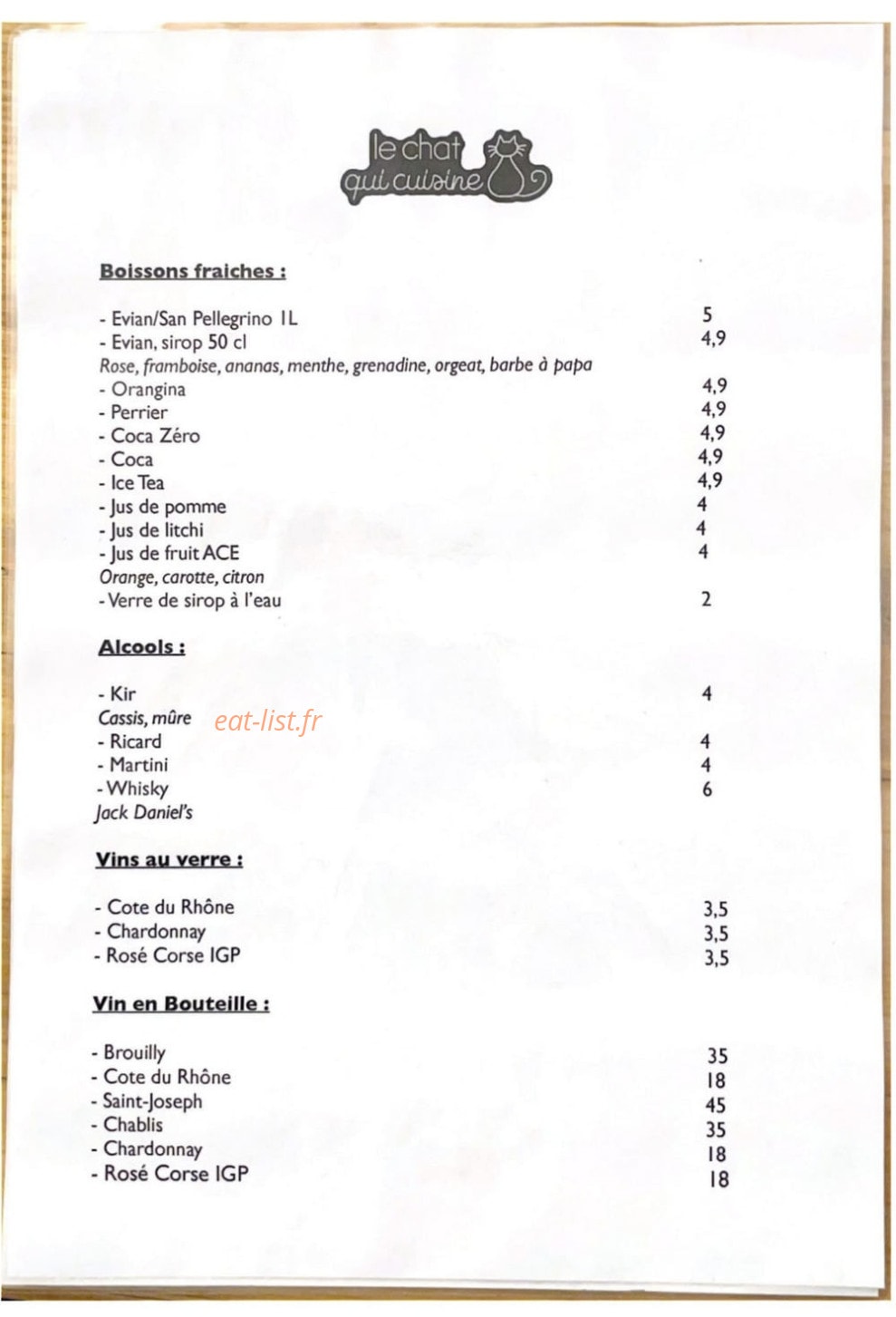 Le Chat qui Cuisine — carte page 2
