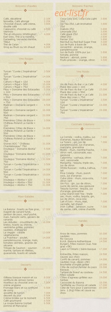 Le Petit Baïona — carte page 1