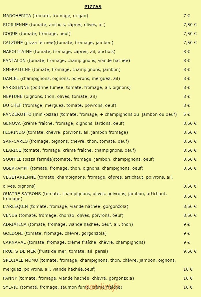 Pizzéria de Venise — carte page 1