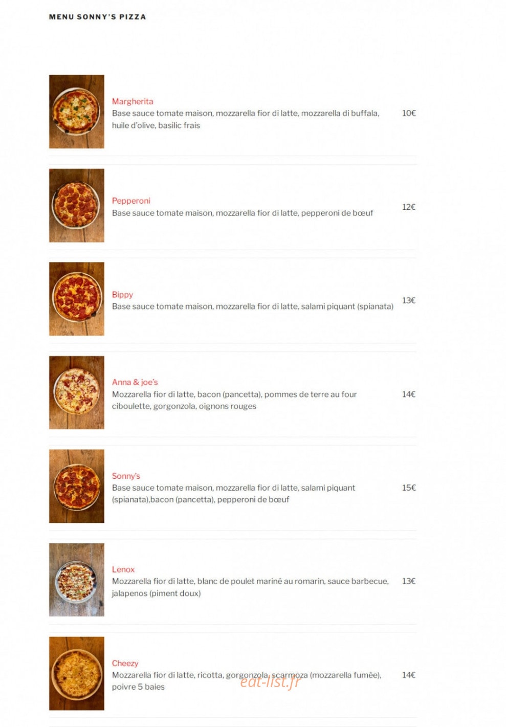 Sonny's pizza — carte page 1
