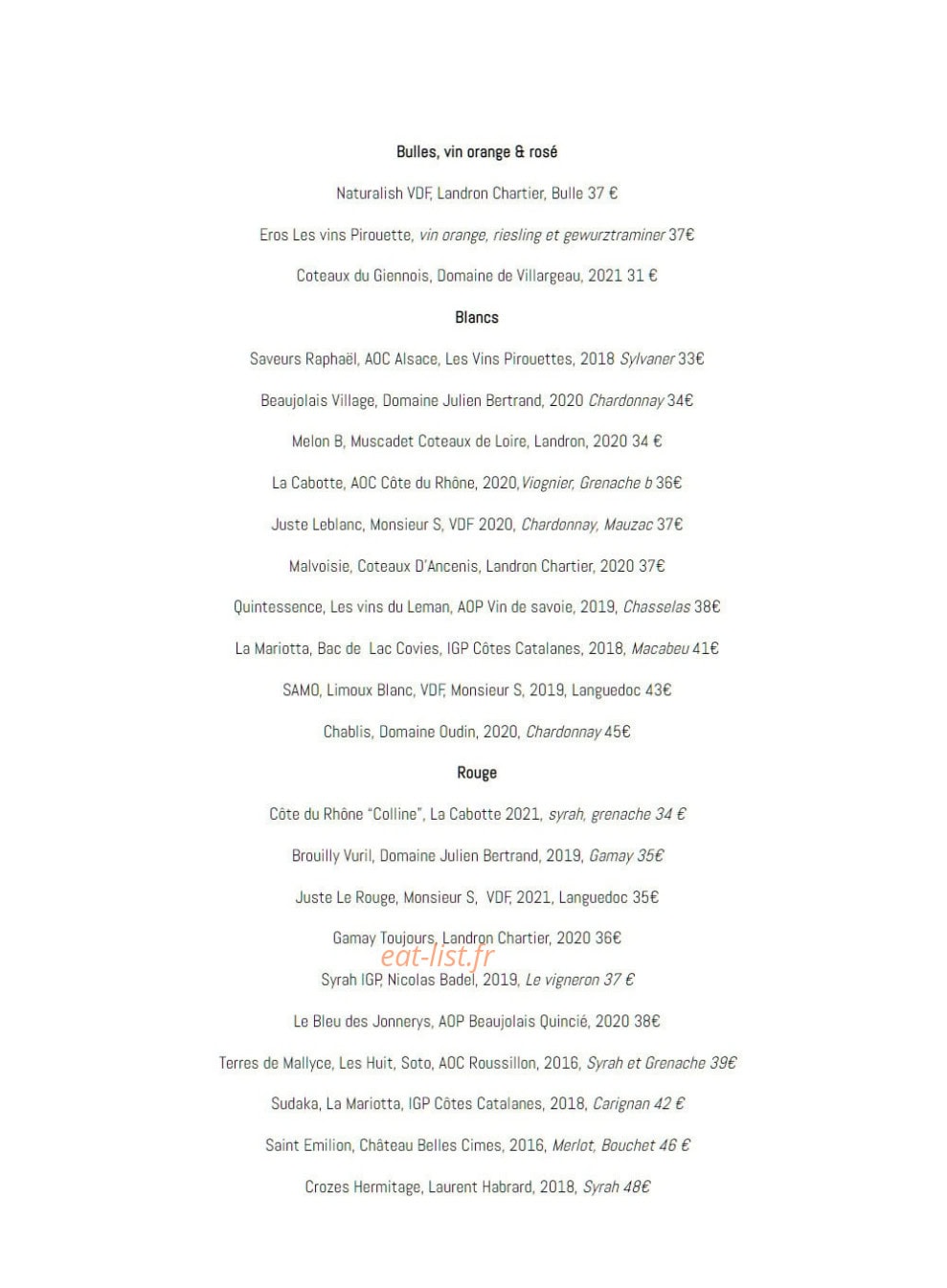 Terre Restaurant — carte page 2