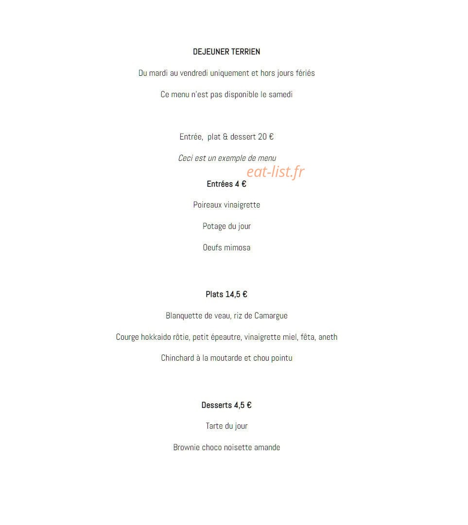 Terre Restaurant — carte page 1