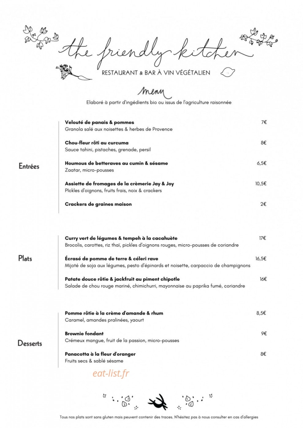 The friendly kitchen — carte page 1