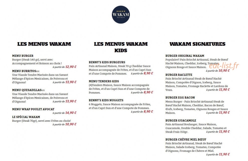 Wakam Burger — carte page 1