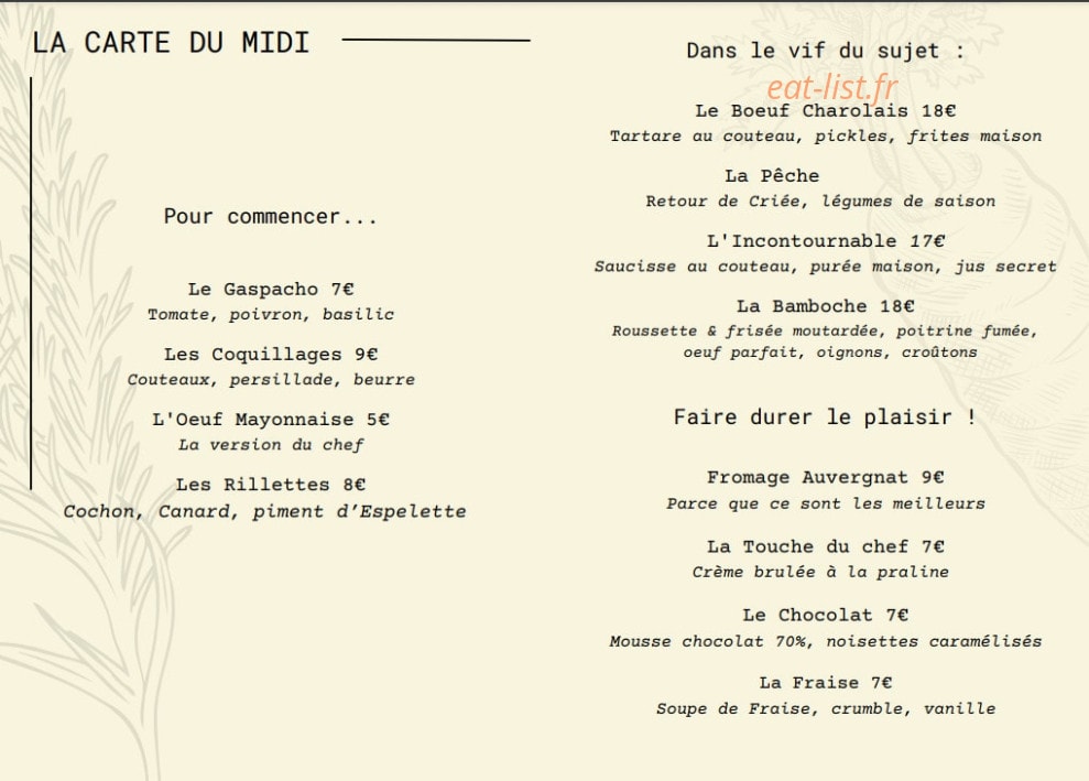 Bamboche Comptoir — carte page 1