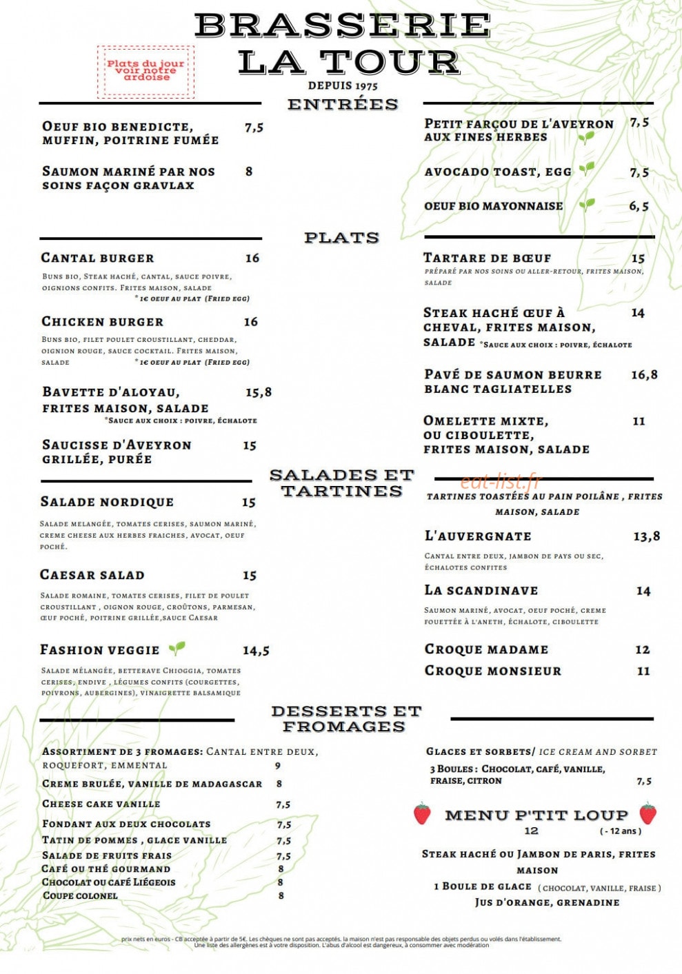 Brasserie La Tour — carte page 1