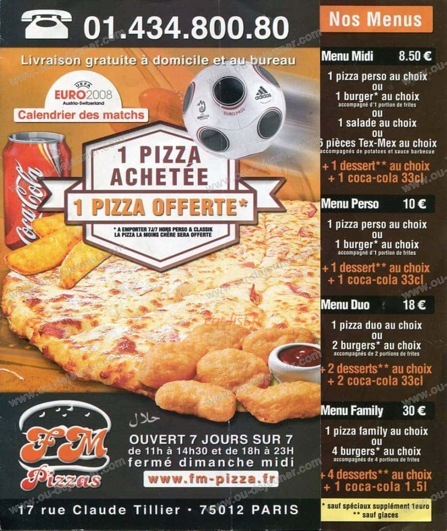 FM Pizzas — carte page 1