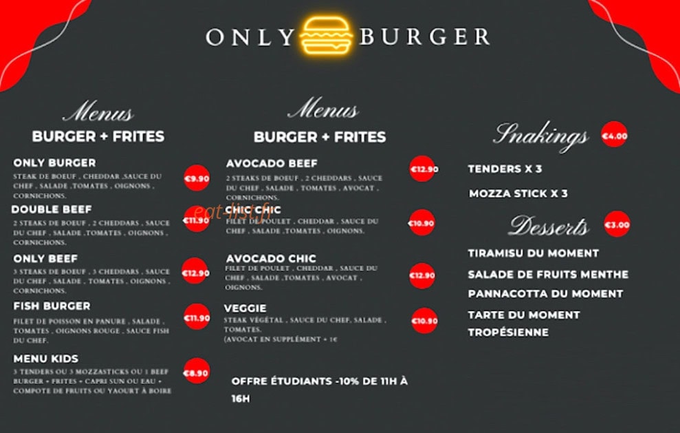 Only Burger — carte page 1