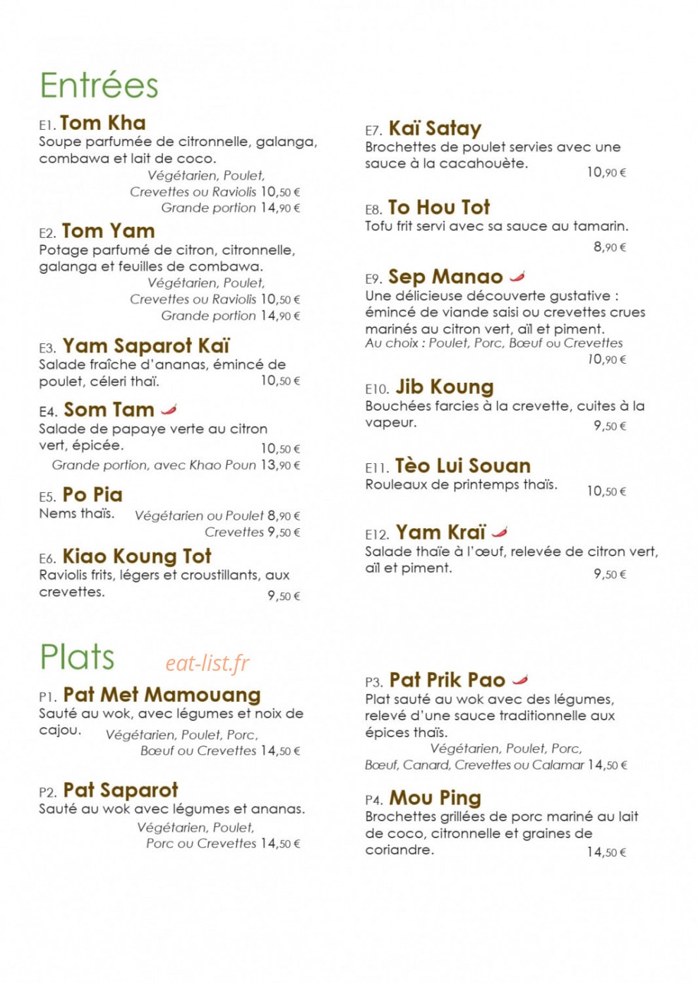 Paya Thaï — carte page 2