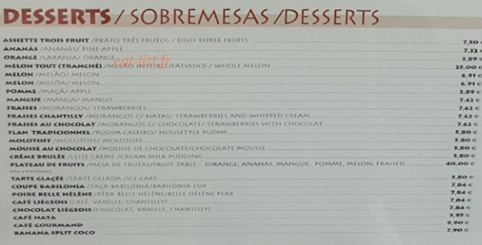 Carte et menu de Pedra Alta Bercy à Paris 12 — Les desserts