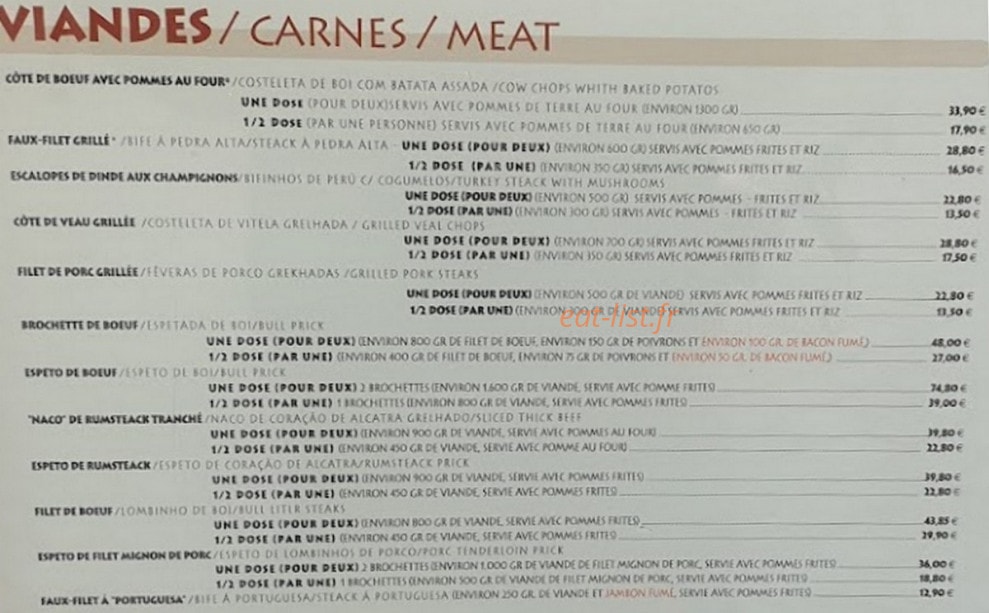 Carte et menu de Pedra Alta Bercy à Paris 12 — Les viandes