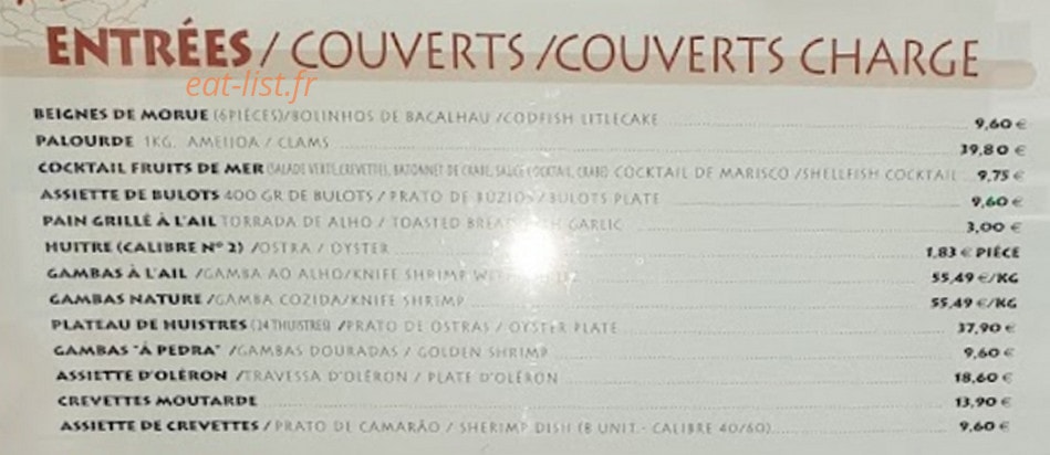 Carte et menu de Pedra Alta Bercy à Paris 12 — Les entrées