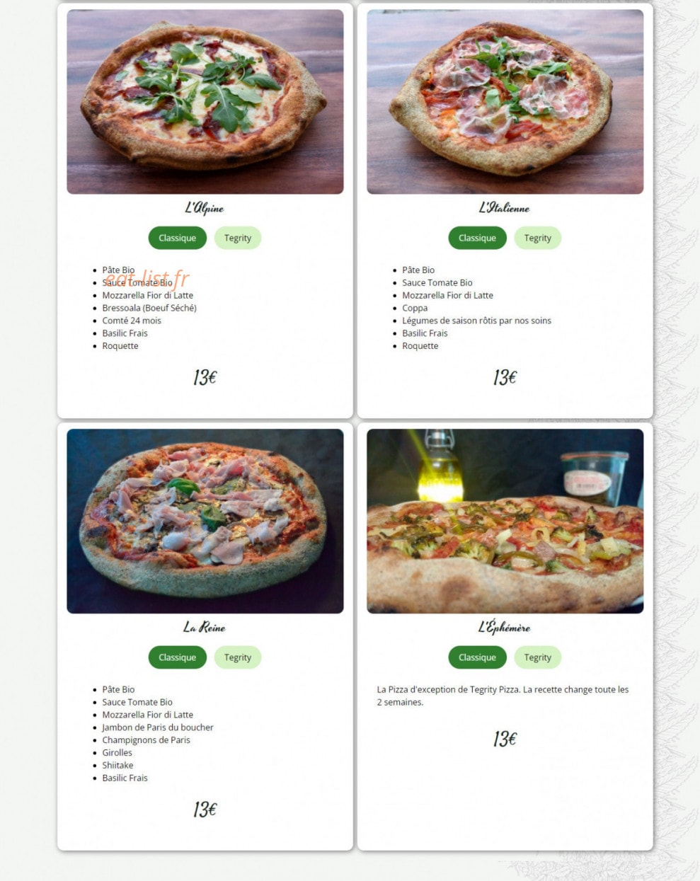 Tegrity Pizza — carte page 2