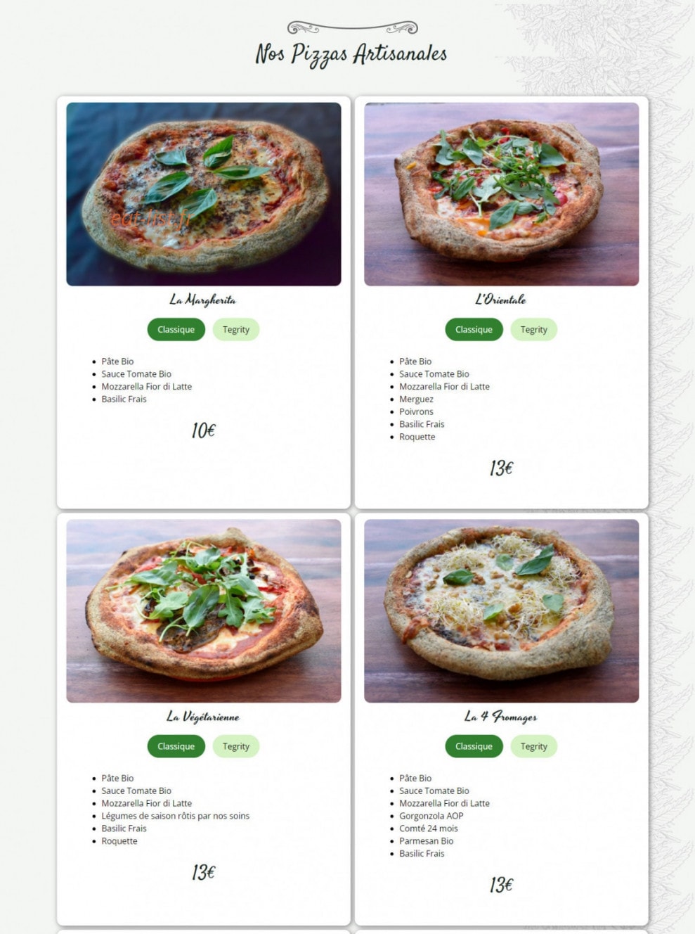 Tegrity Pizza — carte page 1