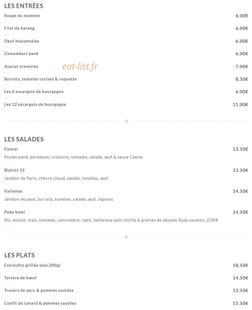 Bistrot 13 — carte page 1